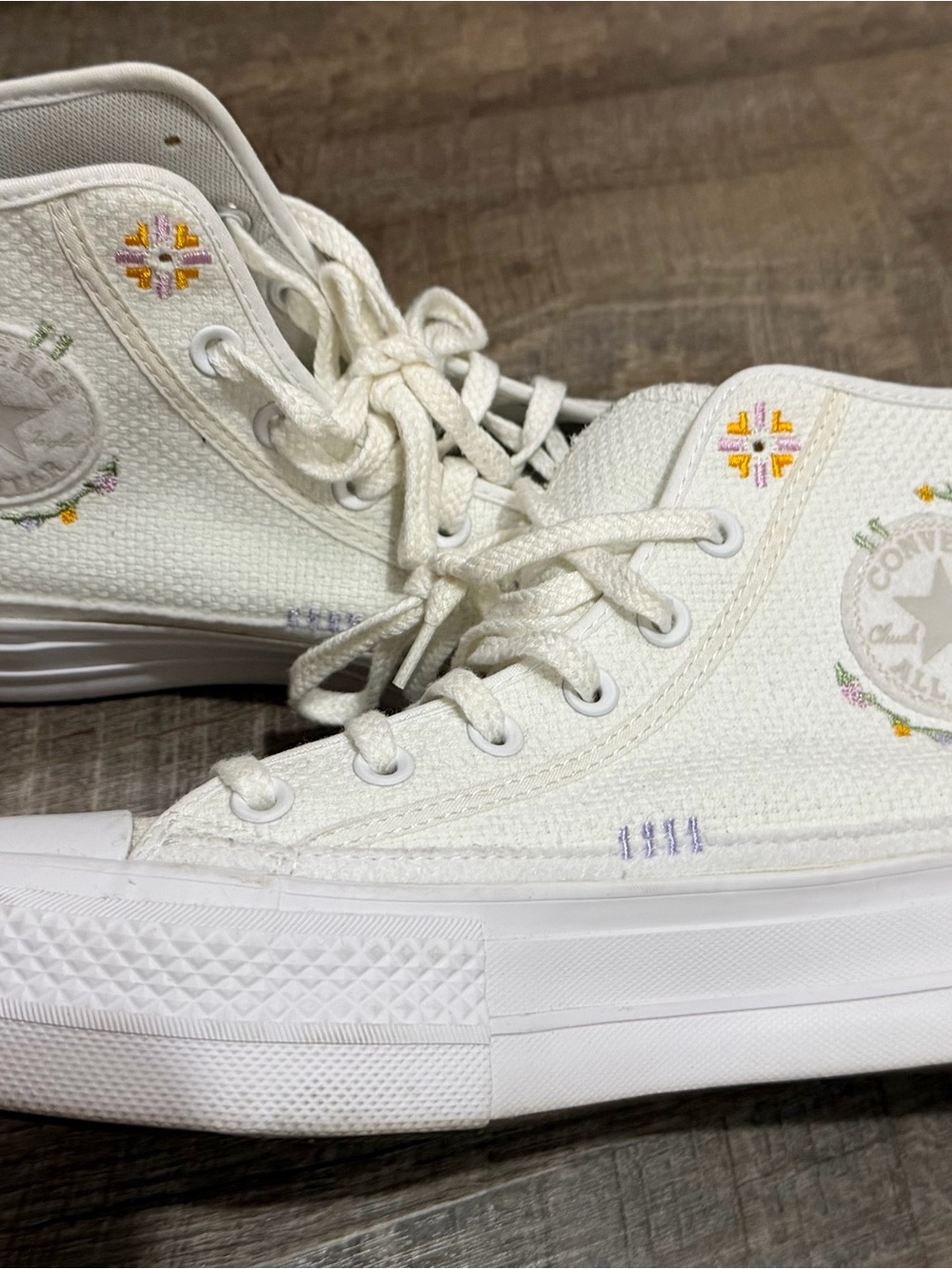 Converse White High-Top Canvas Sneakers with Yellow & Purple Embroidery